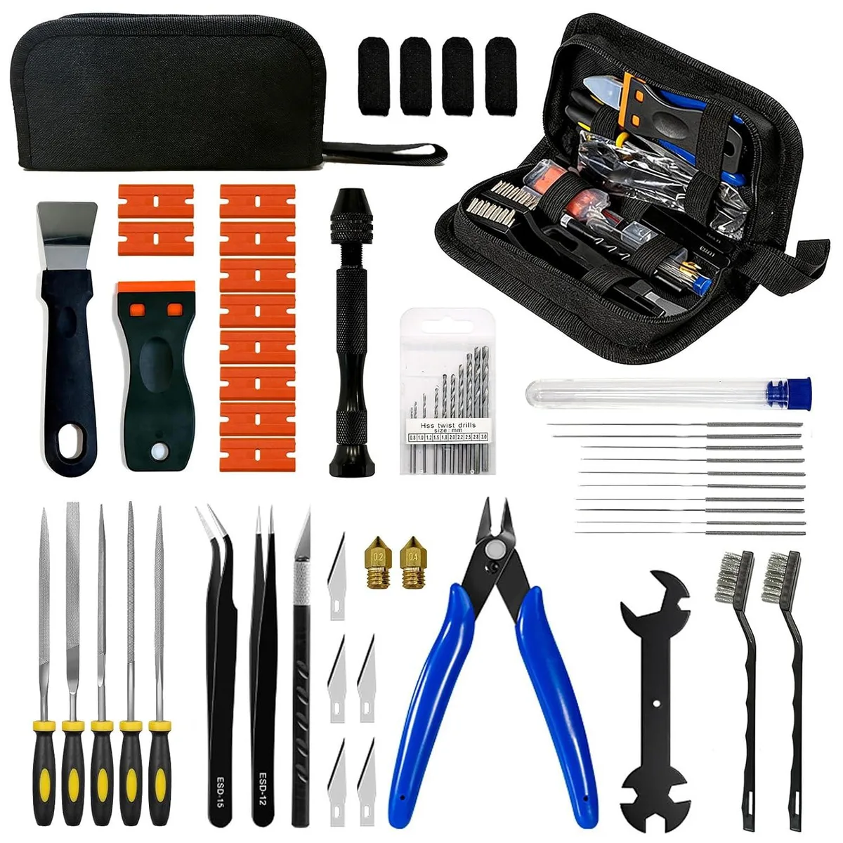 A compact pouch holding a 58-piece 3D printer tool kit with needles, scrapers and pliers
