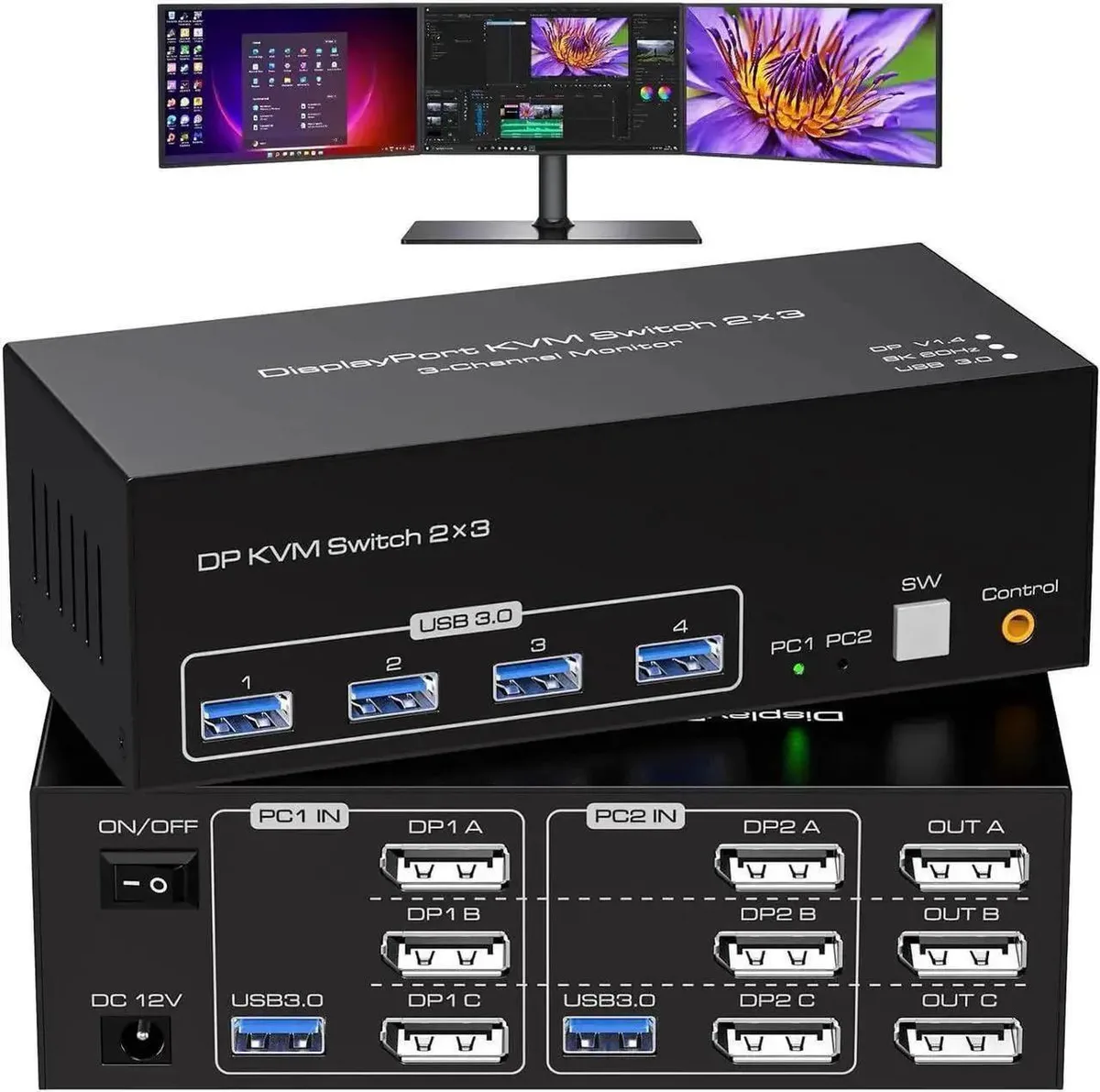 Vszerda Vszerda 8K KVM Switch 3 Monitors 2 Computers DP 1.4 4K@120Hz USB 3.0 — product photo
