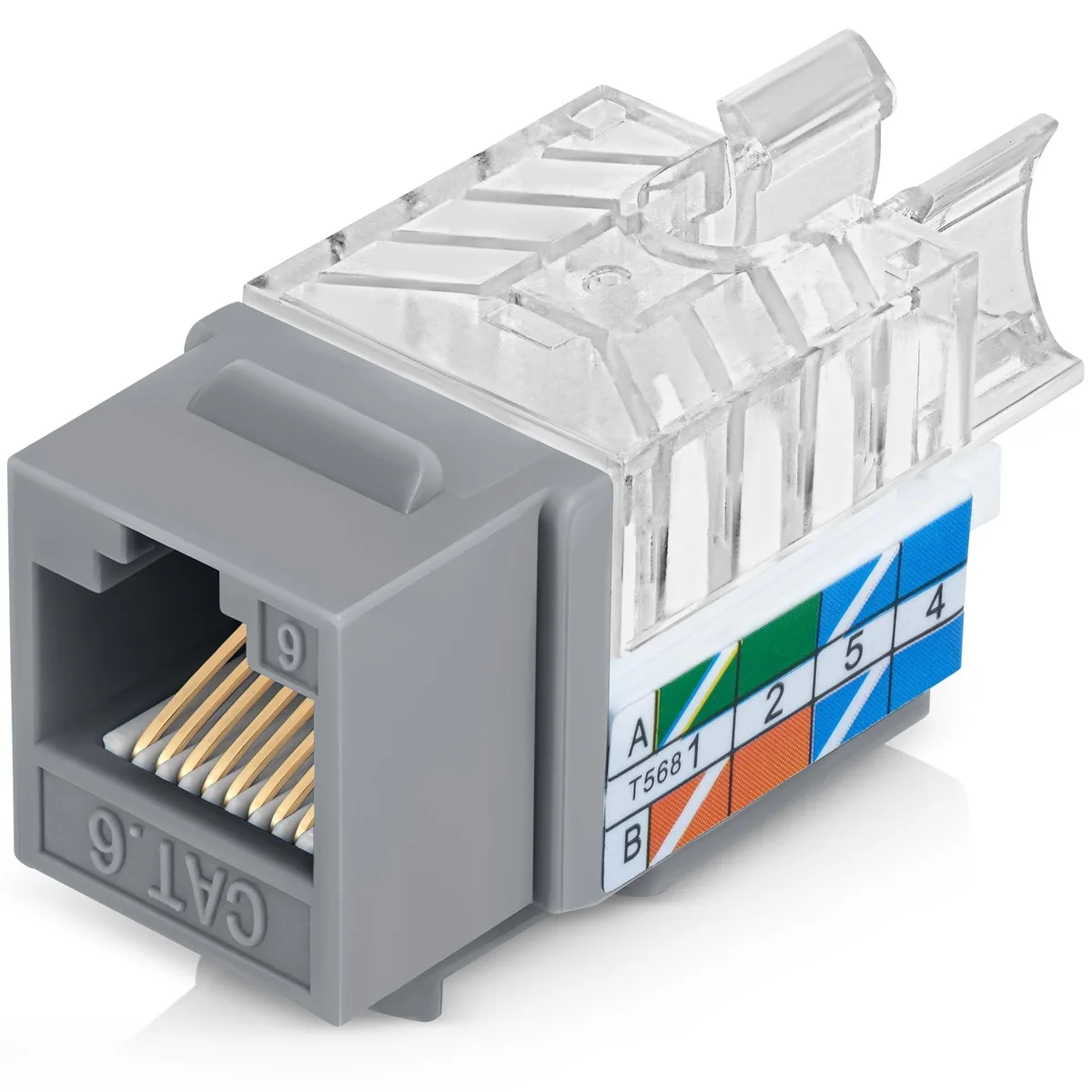 One hundred gray Cat6 keystone jacks with 45-degree angled wire inserts and removable strain relief clamps