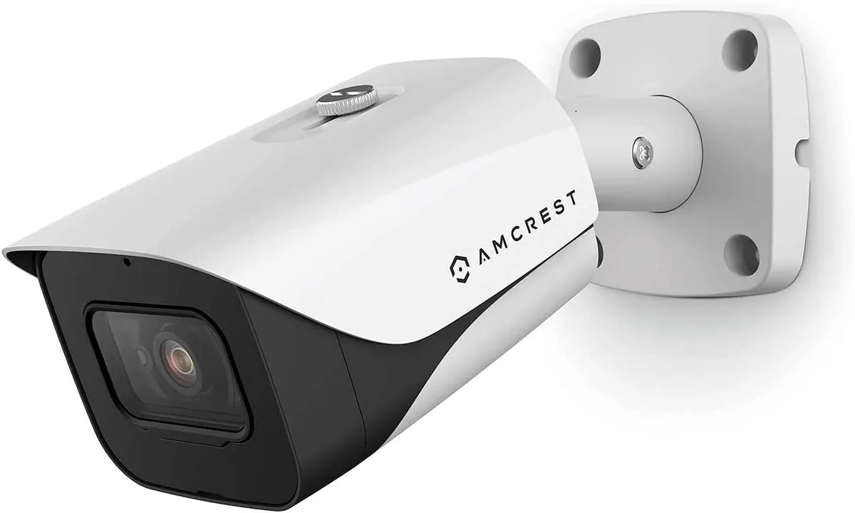 White cylindrical bullet camera with front lens and IR LEDs