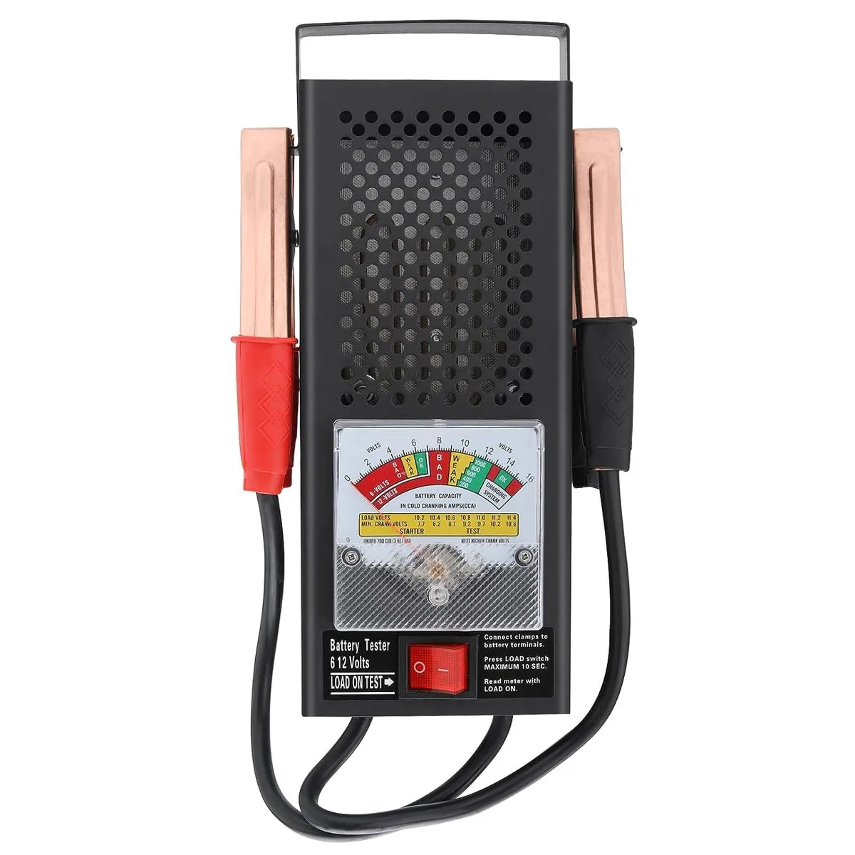 Handheld 12V 100A battery load tester with perforated case insulated handle and color-coded copper clips