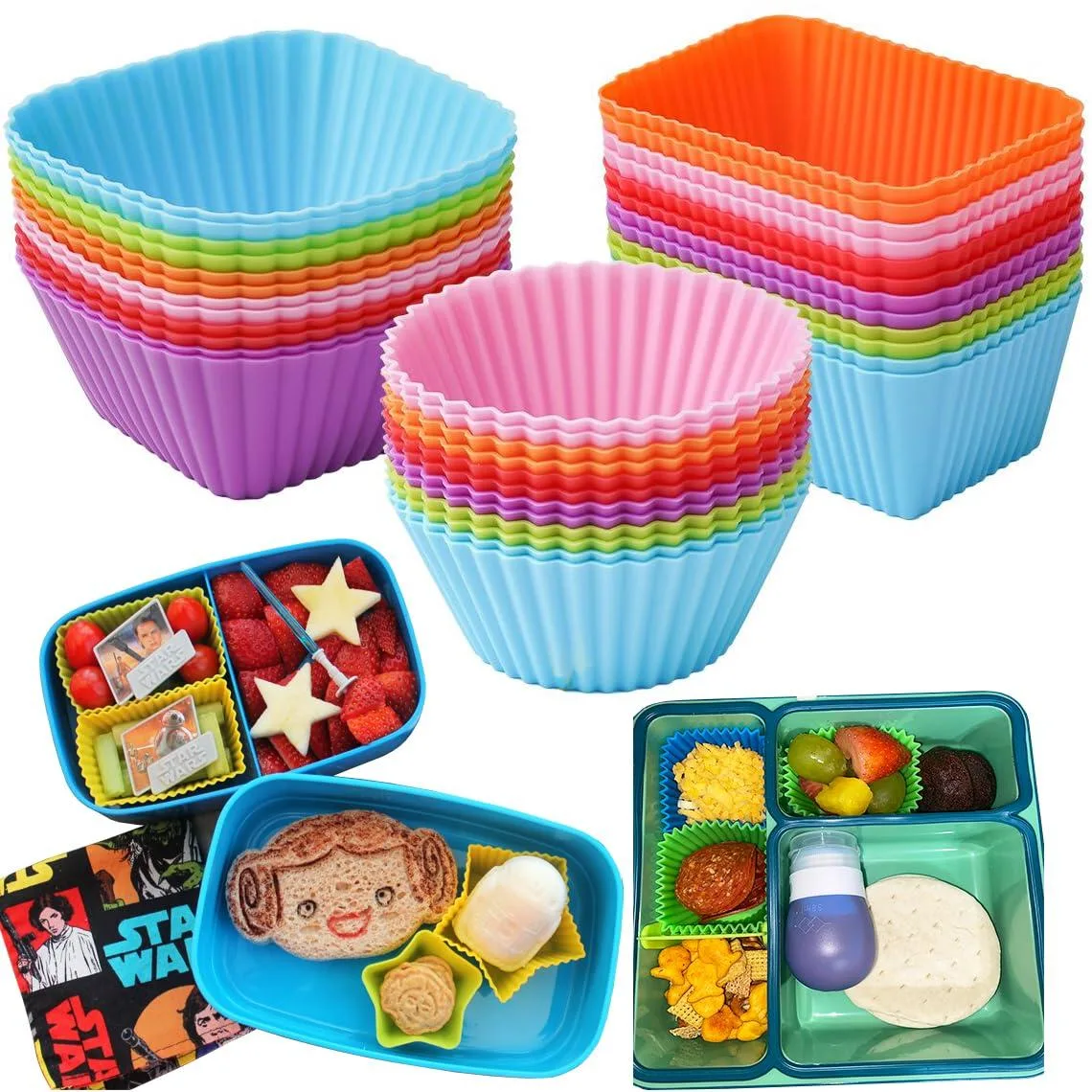 Set of red silicone bento dividers in round, square and rectangular shapes