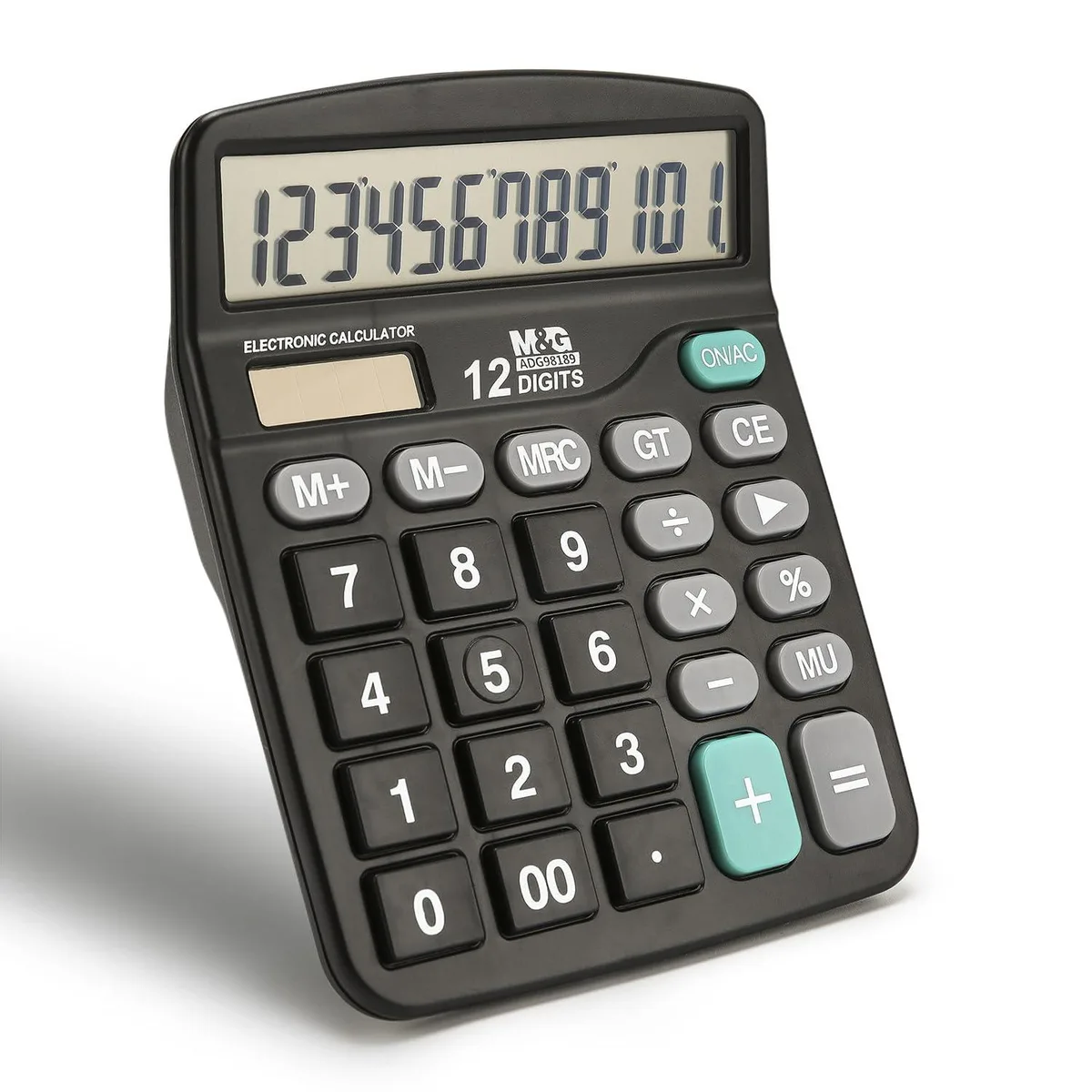Black desk calculator with large 12-digit LCD display and raised plastic keys