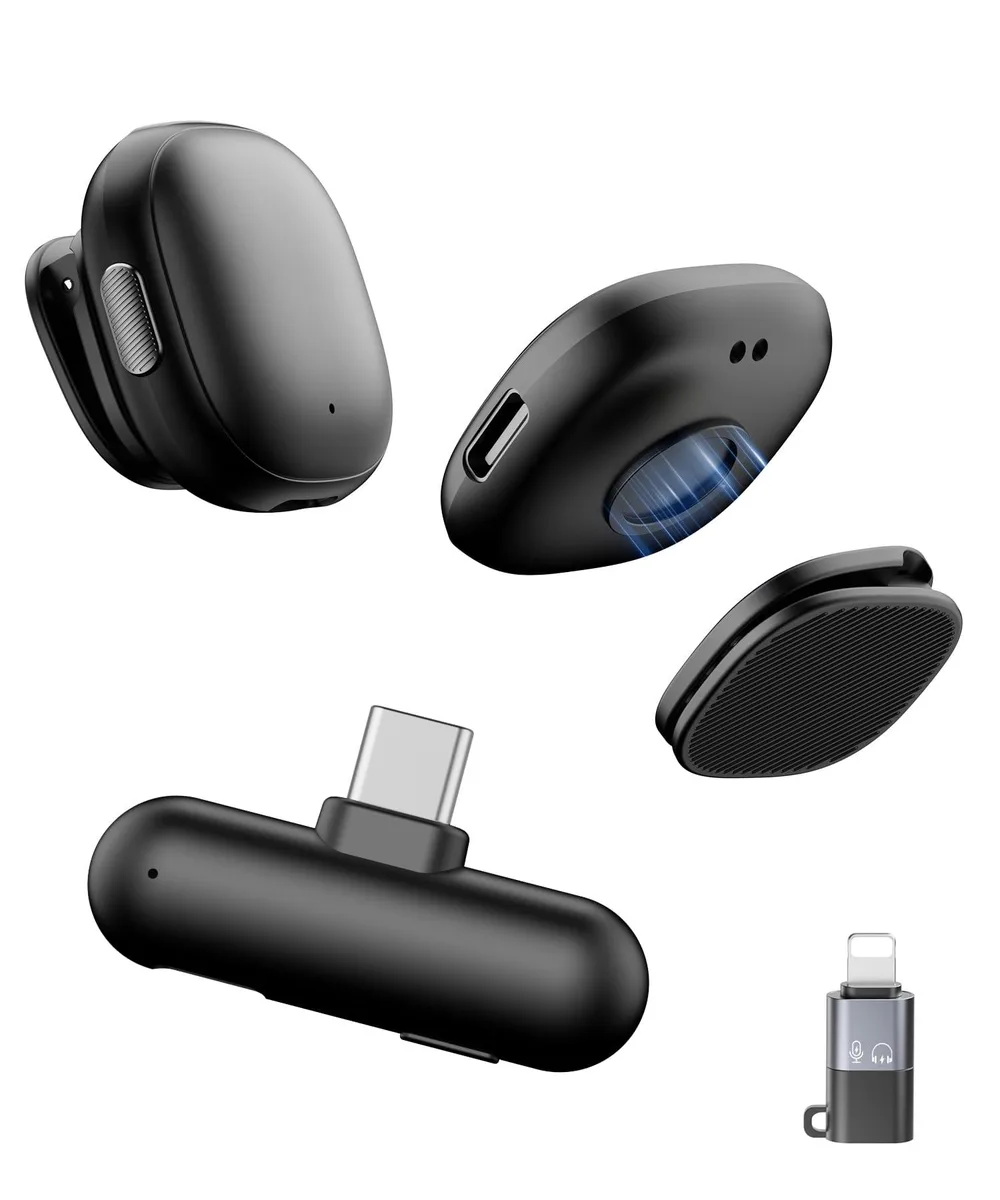 Small black wireless lavalier mic with magnetic clip and charging case