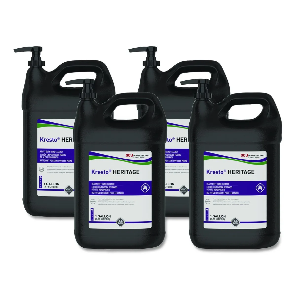 White one-gallon plastic refill bottle with orange label and pump cap