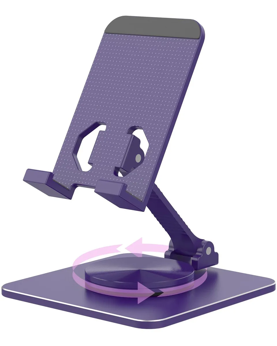 Purple aluminium phone and tablet stand with dual hinges, folded flat