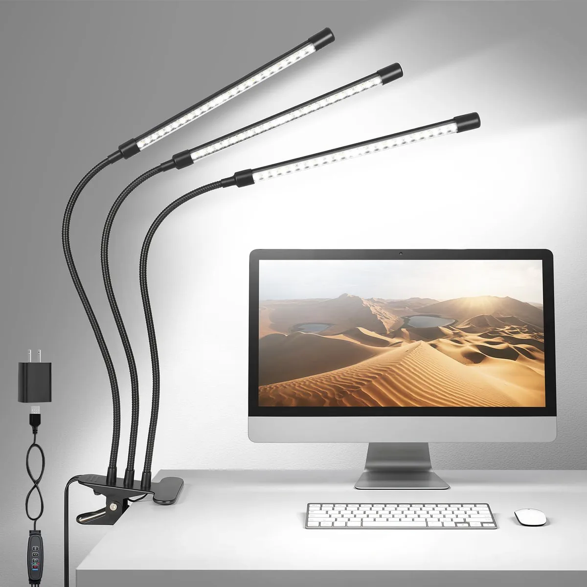 Three-head LED desk lamp with flexible gooseneck arms and metal clamp, polished finish