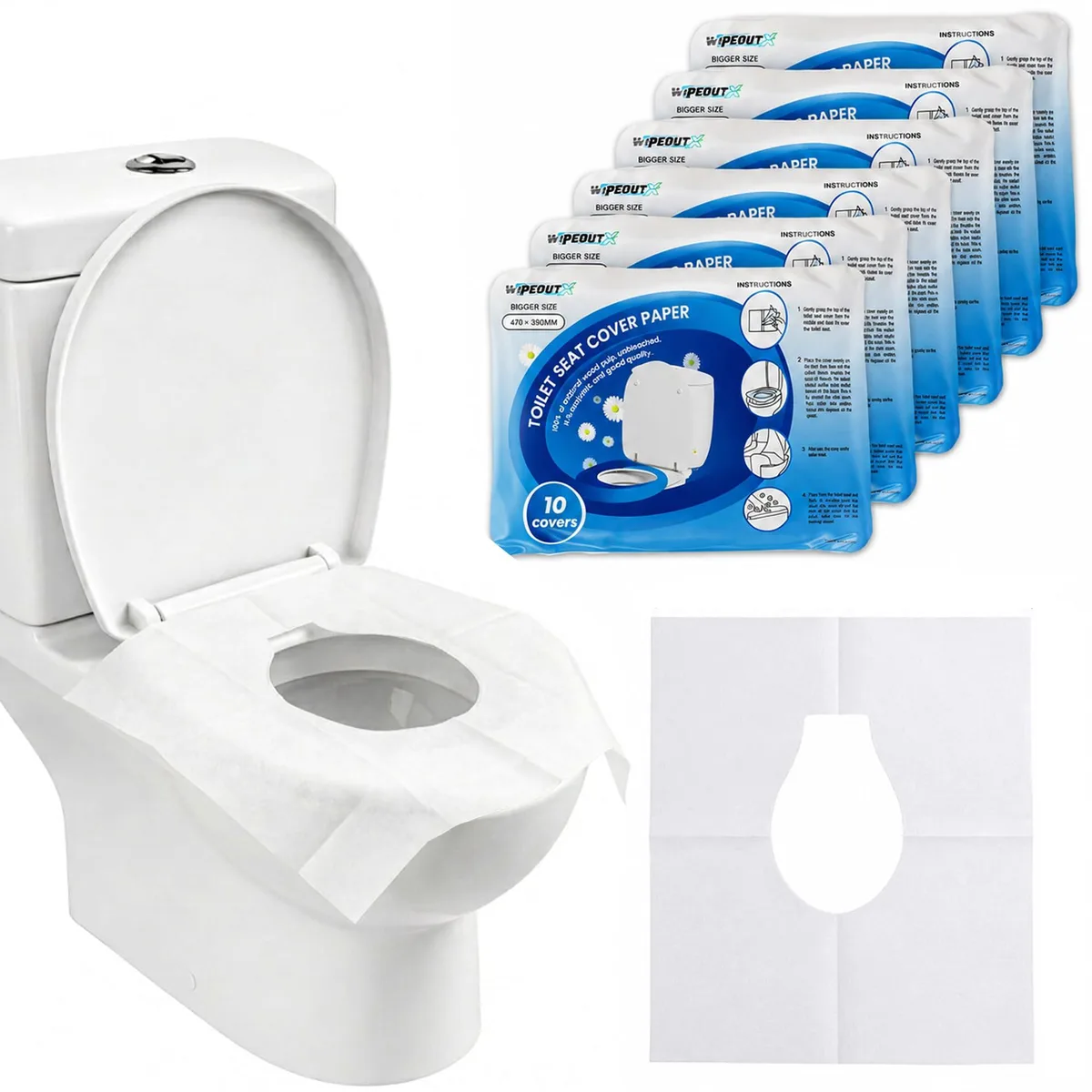 Disposable Flushable Toilet Seat Covers 100 Pack XL 18x15 Inch — product photo