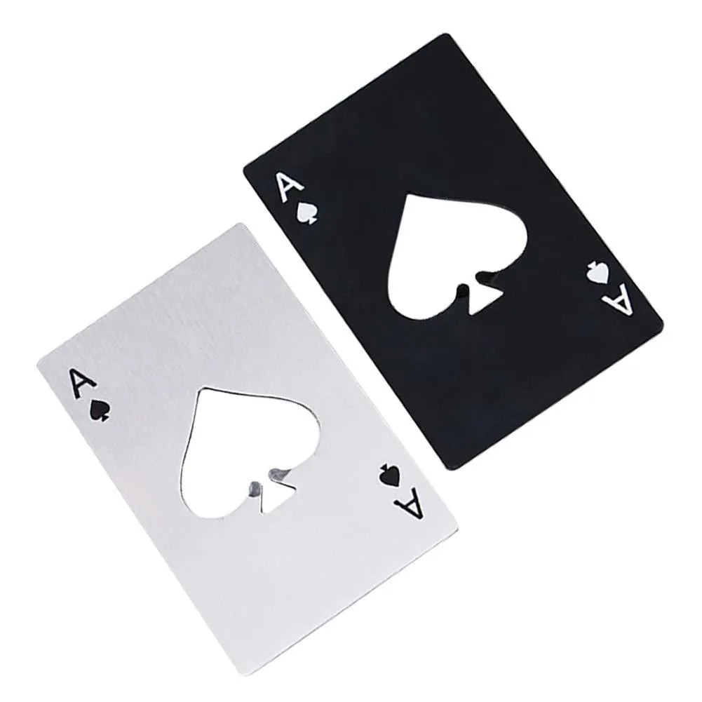 Two credit-card-sized stainless steel bottle openers, one black and one silver