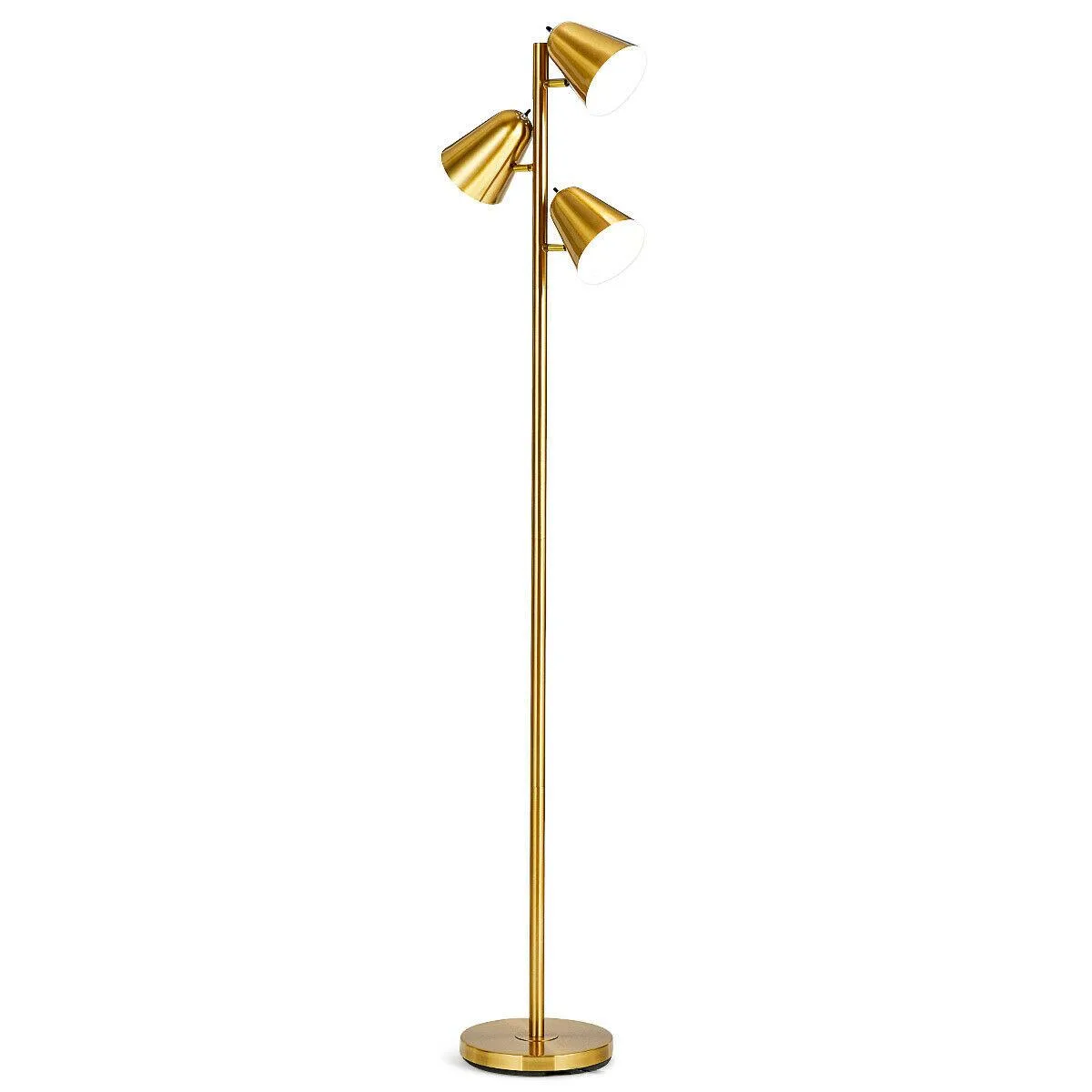 Gold floor lamp with three adjustable metal shades on a tall stand