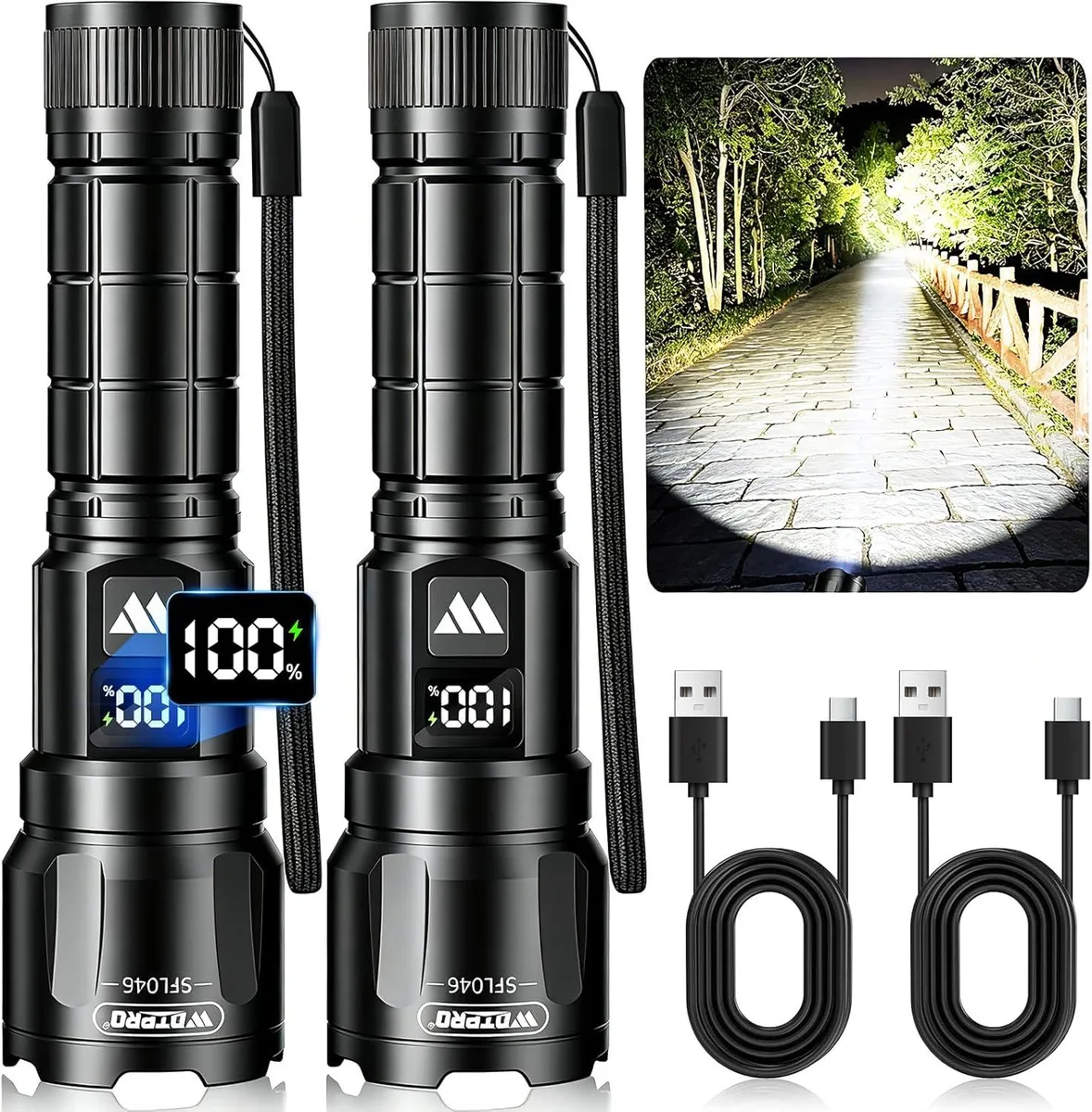 Two black handheld flashlights with LCD screens and textured grips
