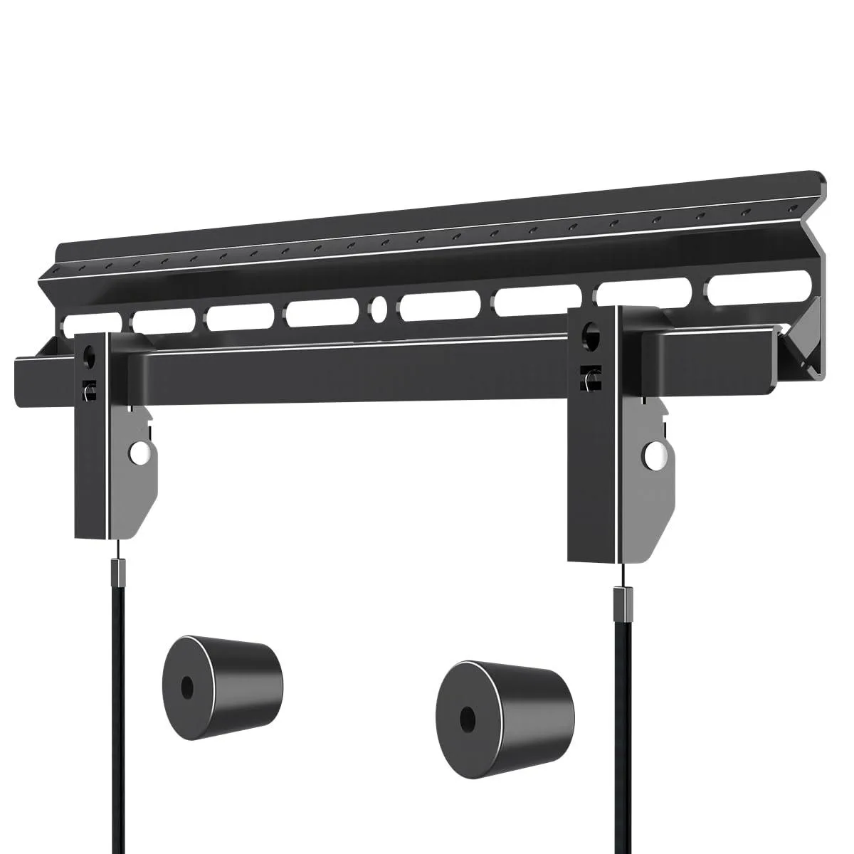 Black metal wall bracket with wide nail plate and two TV arms, low profile 1.06 inch offset