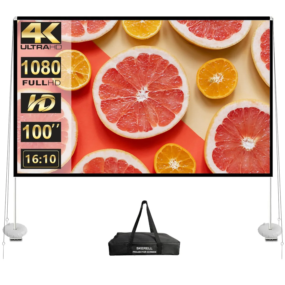 White rectangular projection screen on a silver tripod stand with a black carry bag visible at the base