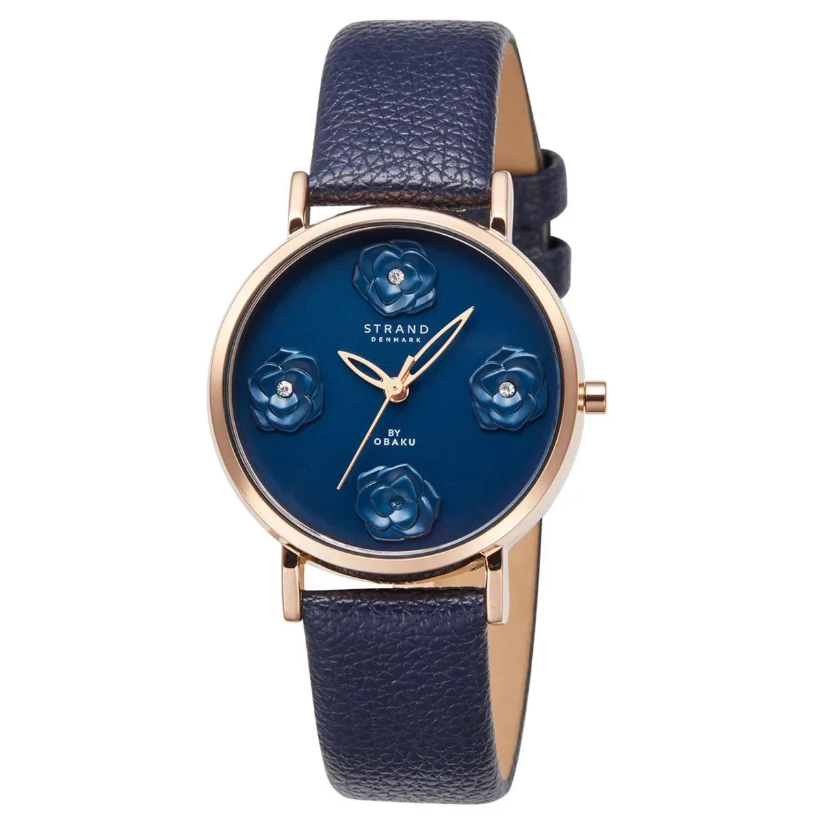 Obaku Petal blue dial watch with stainless steel case and leather strap