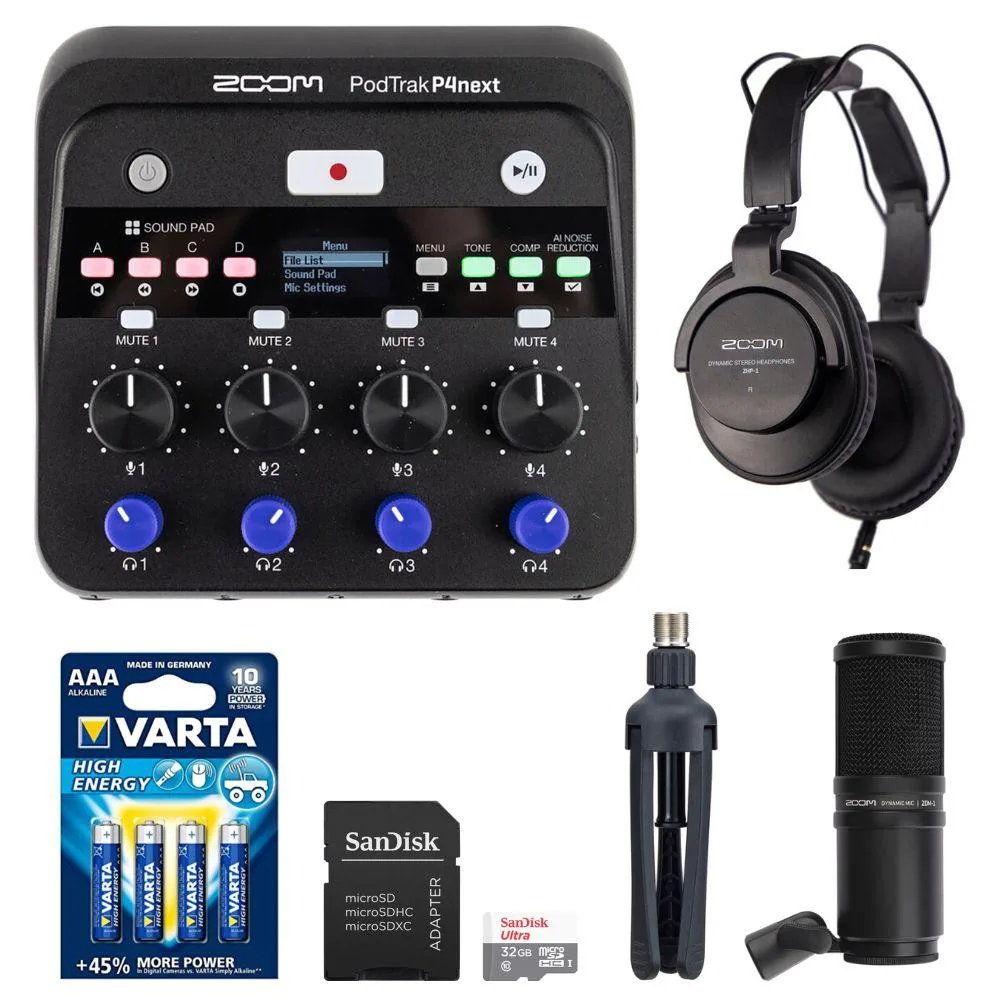 Zoom PodTrak P4next recorder bundle with microphone, headphones, tabletop stand, 32GB card and four 1.5V AA batteries