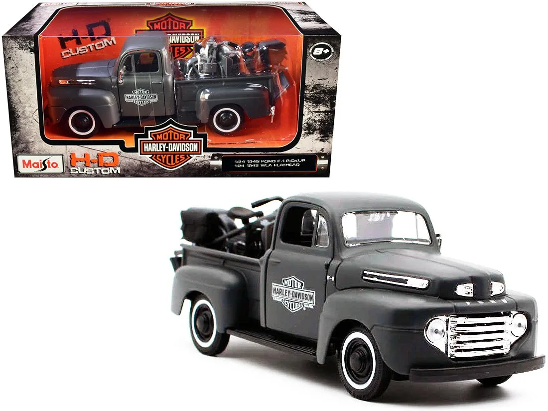 Maisto Maisto 1/24 1948 Ford F-1 Pickup &amp; 1942 Harley-Davidson WLA Matt Dark Gray vehicle — product photo