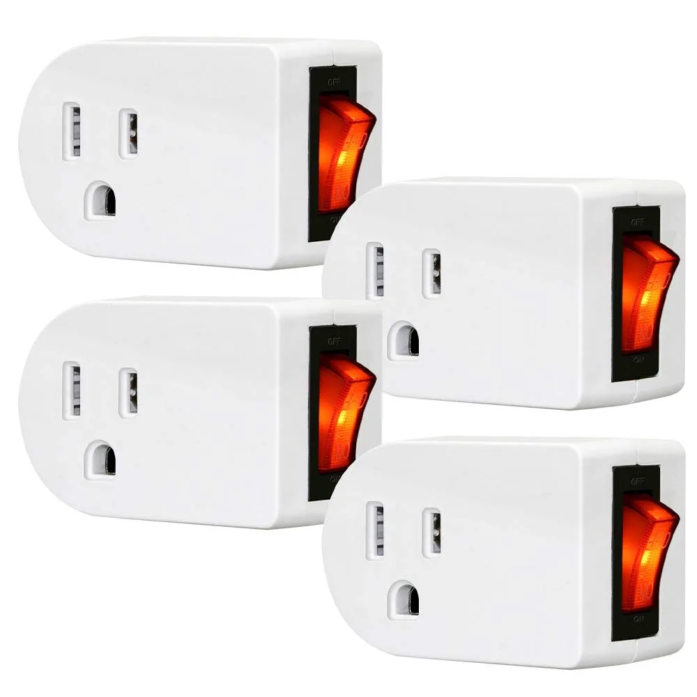 Four grounded outlet adapters with illuminated on/off switches, white plastic housing
