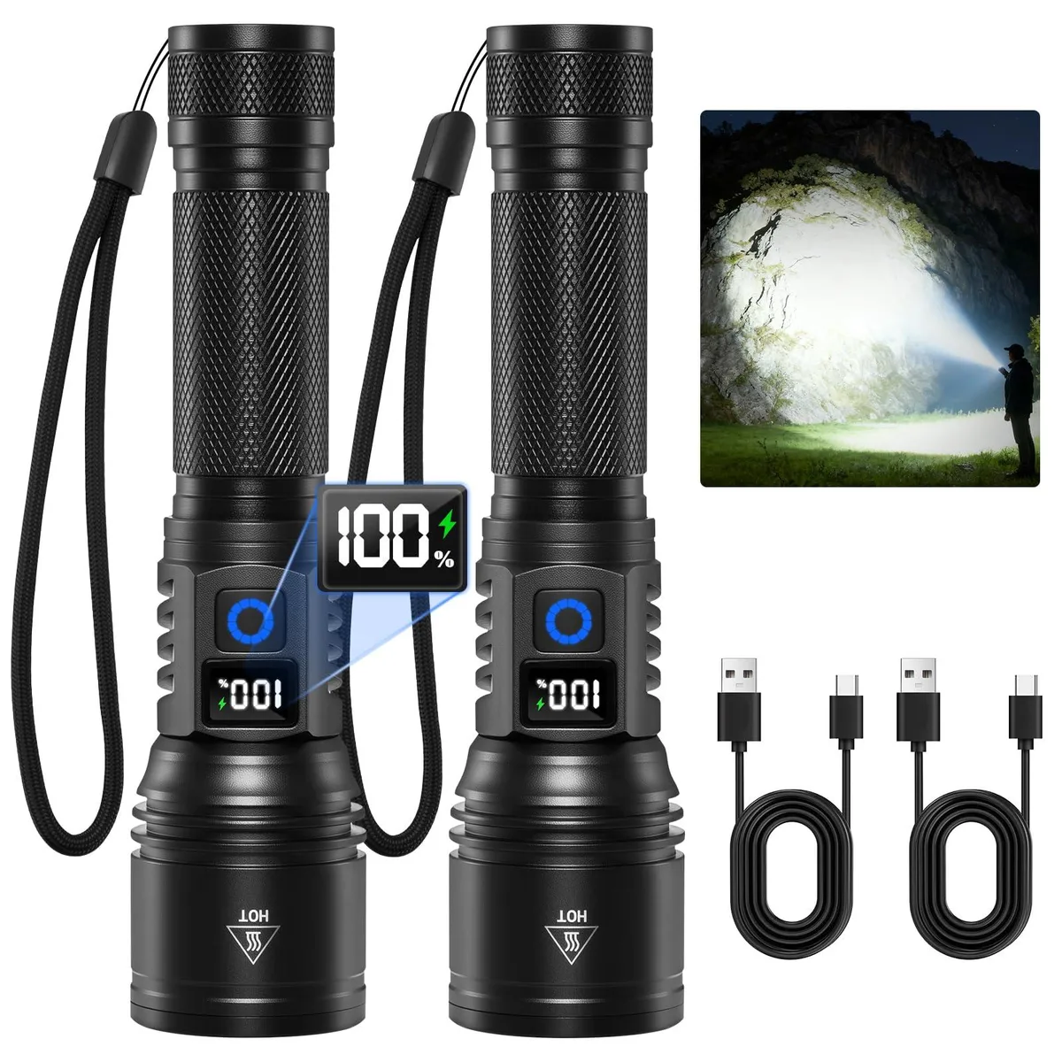 Two black aluminium mini LED flashlights with Type-C ports and LCD power display