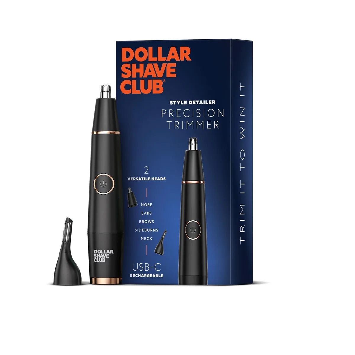 Black precision trimmer with five interchangeable heads, USB-C cable and two guide combs