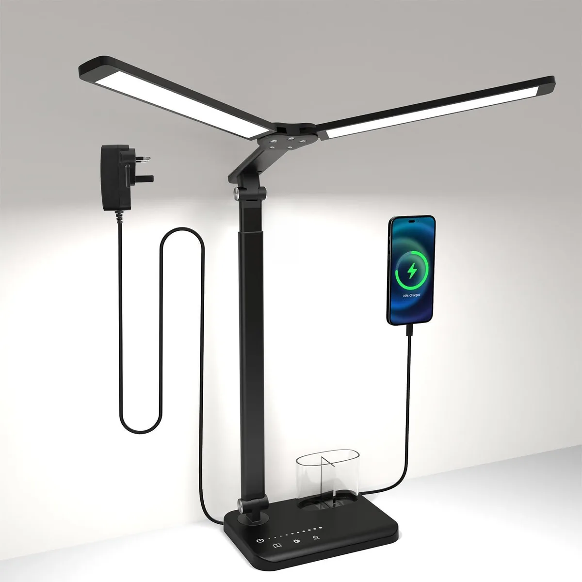 Matte rectangular dual-head desk lamp with adjustable arms and USB ports