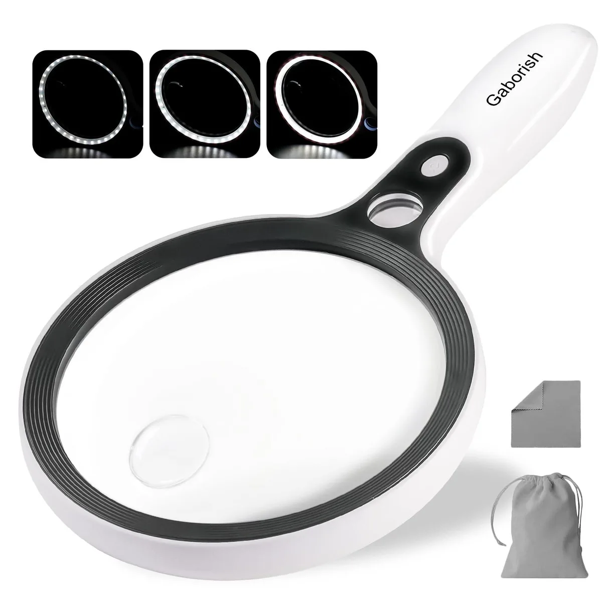 Black acrylic handheld magnifier with 37 LED lights and 5.2 inch lens, 12 pack