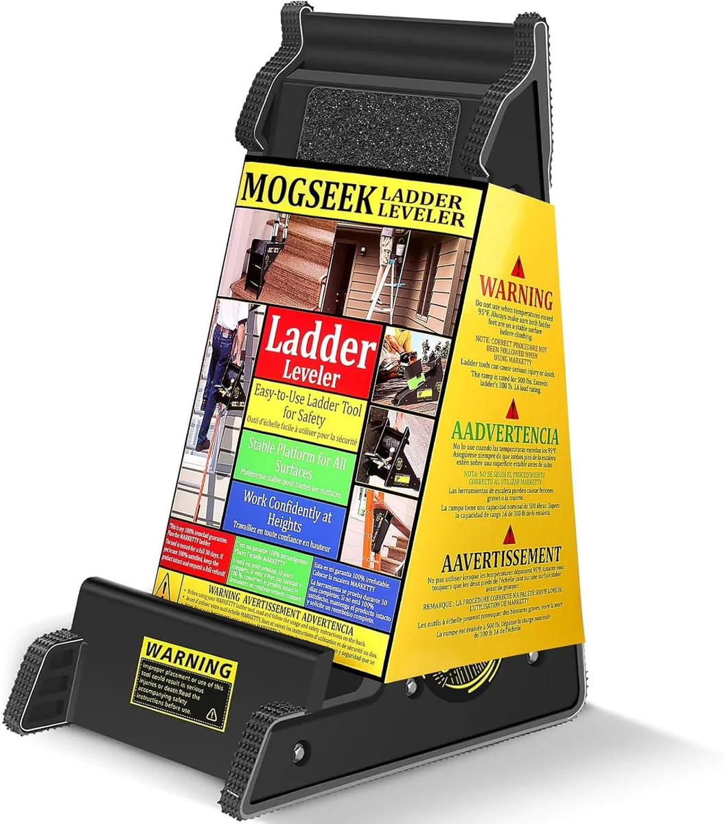 Black metal ladder stabilizer with adjustable leveling feet and platform base