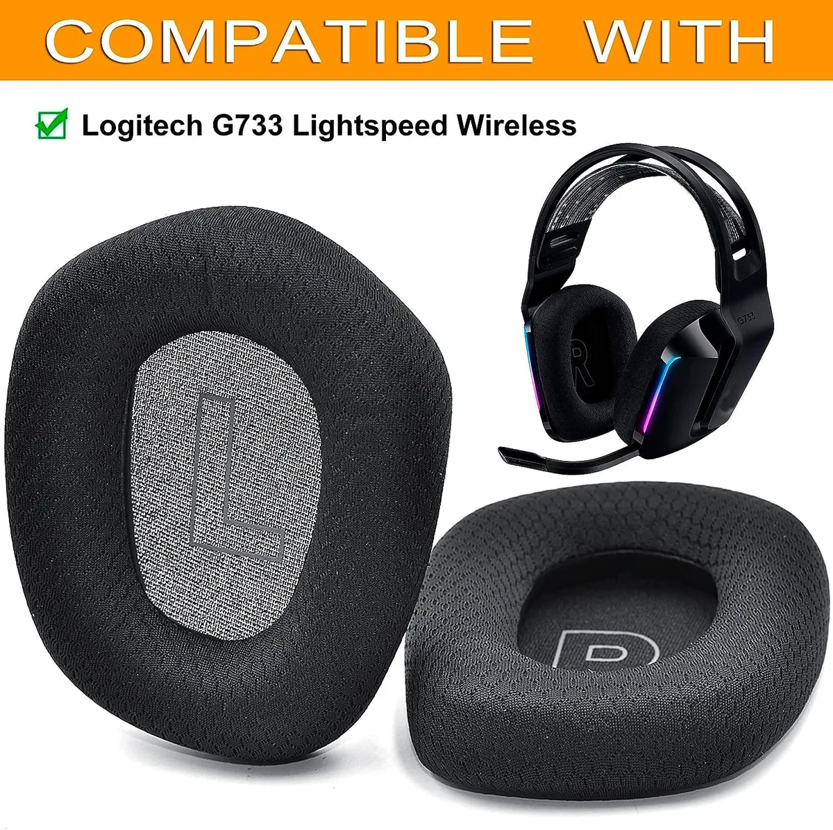 Black oval ear cushions with mesh fabric surface and stitched edges