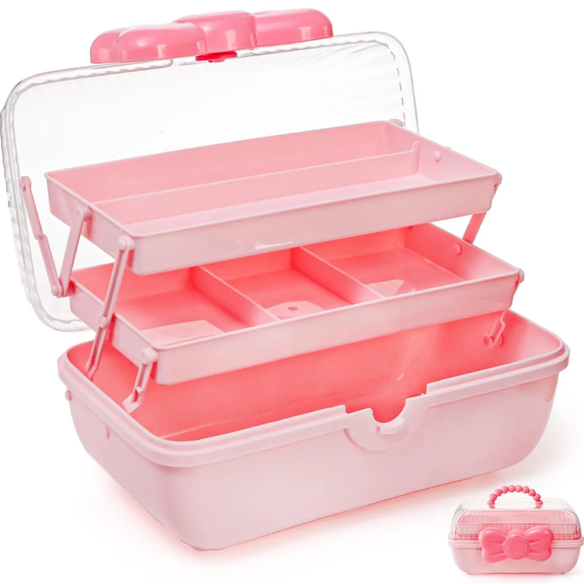 Pink rectangular polypropylene box with three stacked trays, clear lid, bowknot buckle and pearl handle