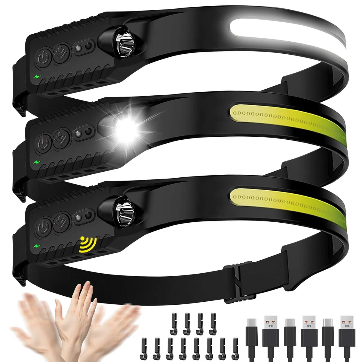 Three compact grey headlamps with wide COB lenses and adjustable elastic straps