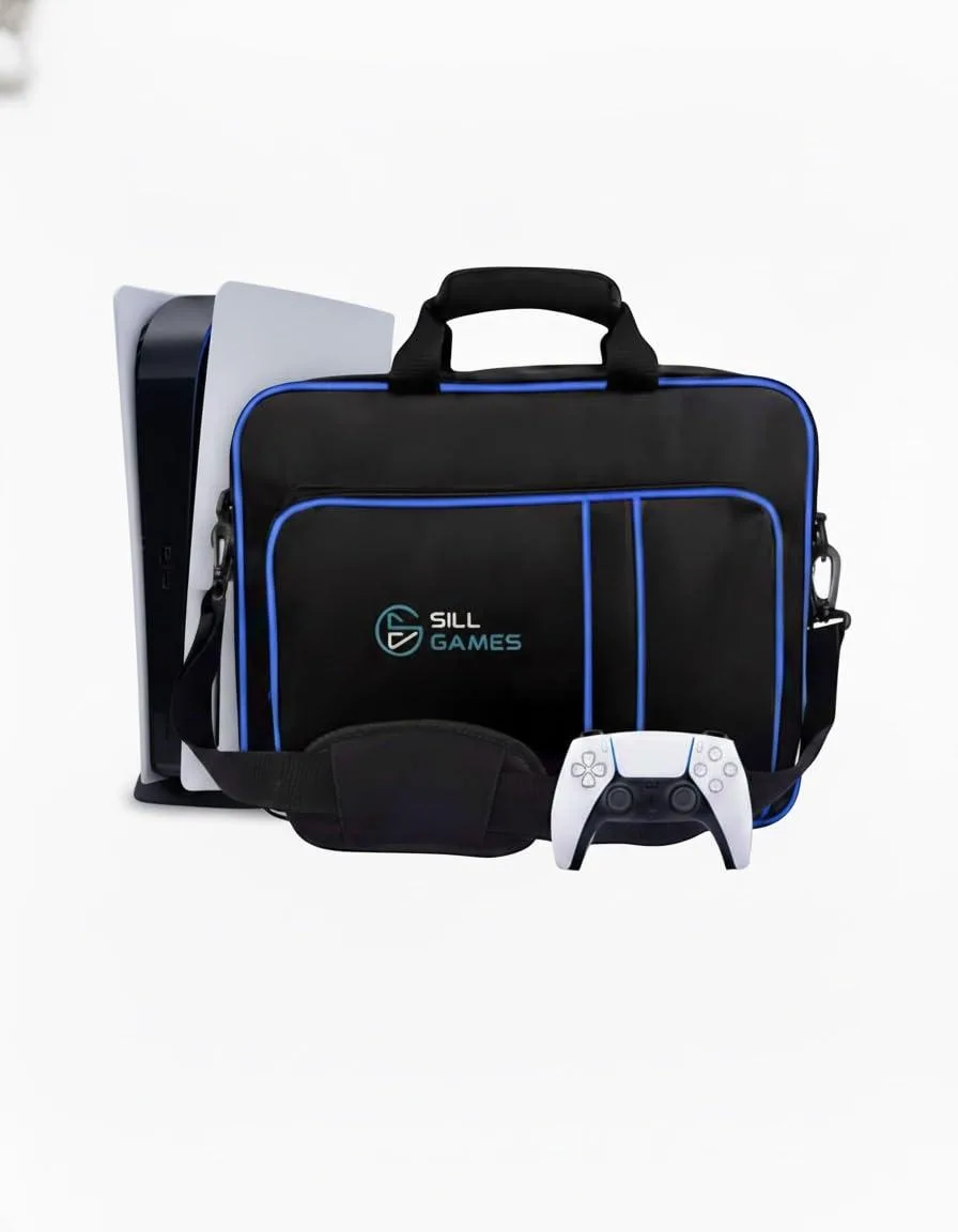 Black padded carrying case with shoulder strap and waterproof pouch for PlayStation 5
