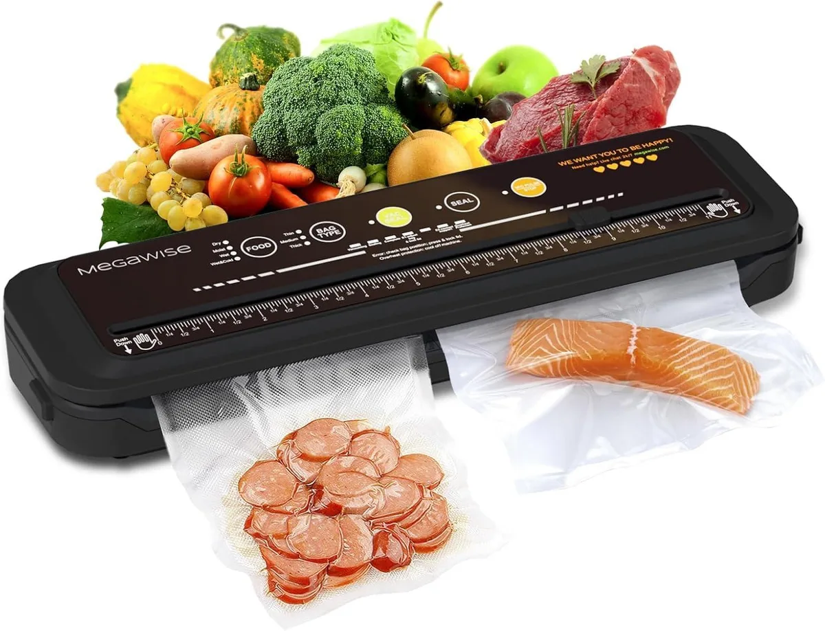 Black compact vacuum sealer with built-in cutter and starter bags