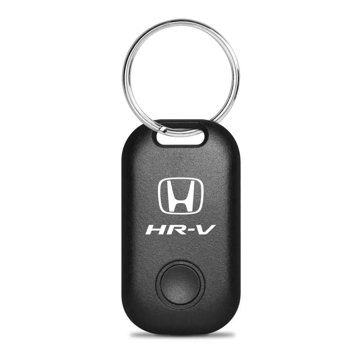 Black rectangular Bluetooth tracker with Honda logo, key-ring hole, about one by two inches