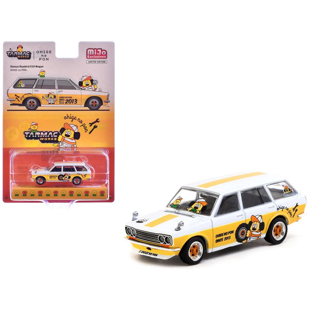 Tarmac Works Tarmac Works Datsun Bluebird 510 Wagon "Ohige no Pon" White Orange 1/64 Diecast — product photo