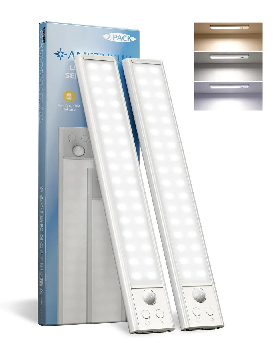 Two slim white 10-inch LED bars with magnetic mounts and USB-C charging cable
