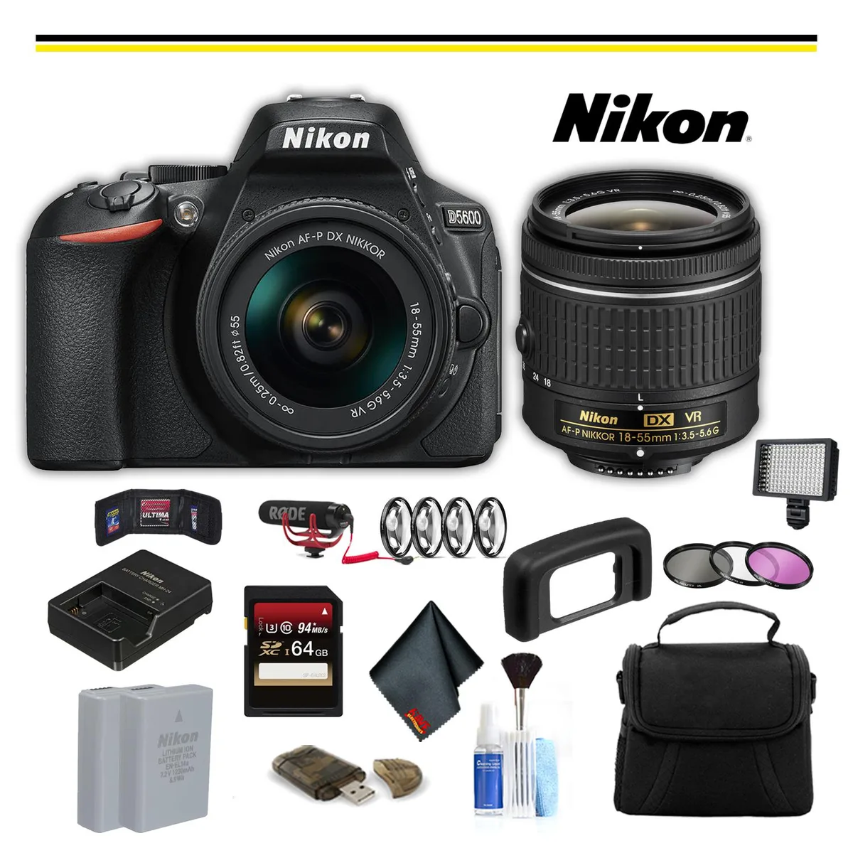 Nikon International Nikon D5600 DSLR Camera 18-55mm Advanced Bundle 64GB 160 LED Mic Filters — product photo