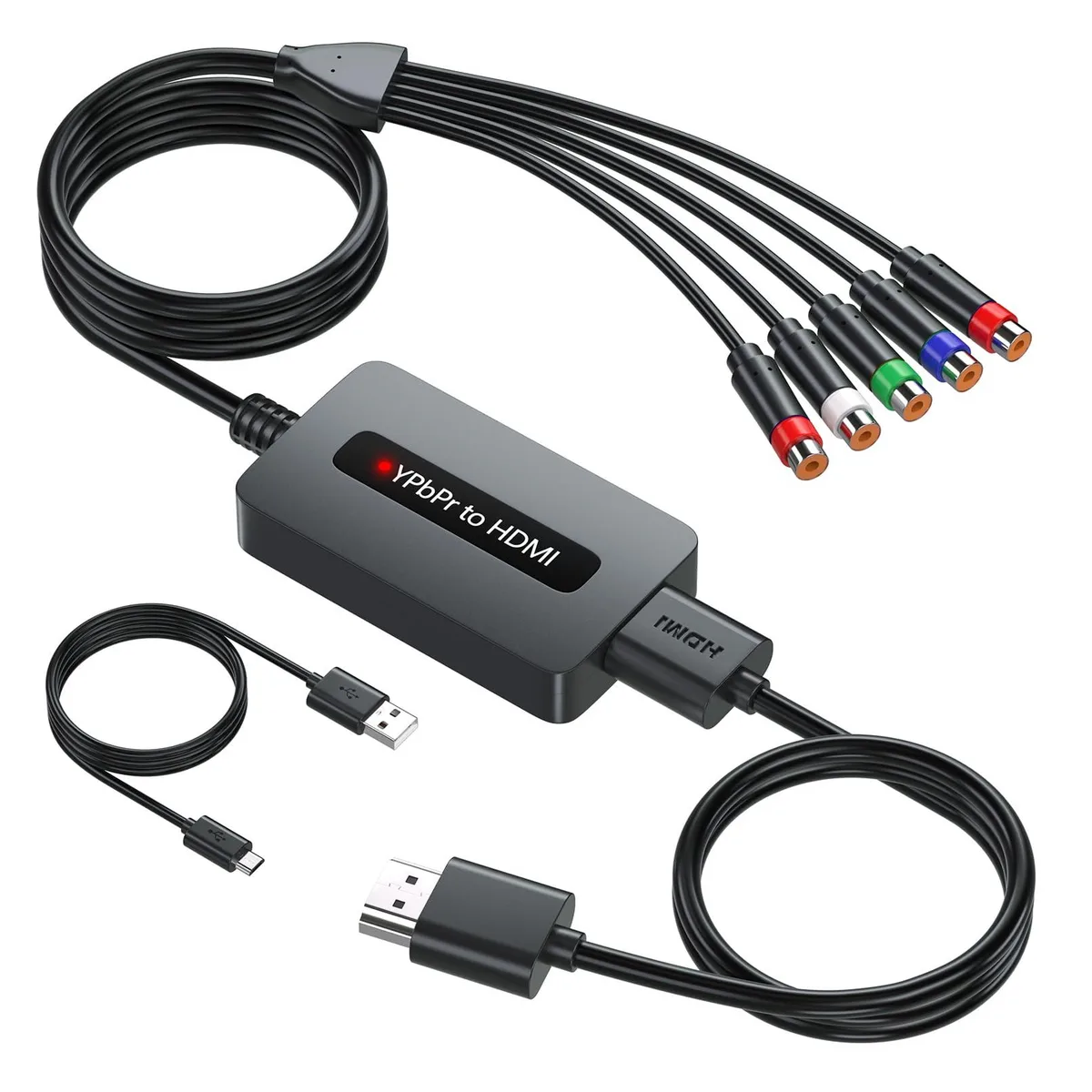 Small rectangular black plastic box with component video and audio inputs on one side HDMI output on the other micro USB power port
