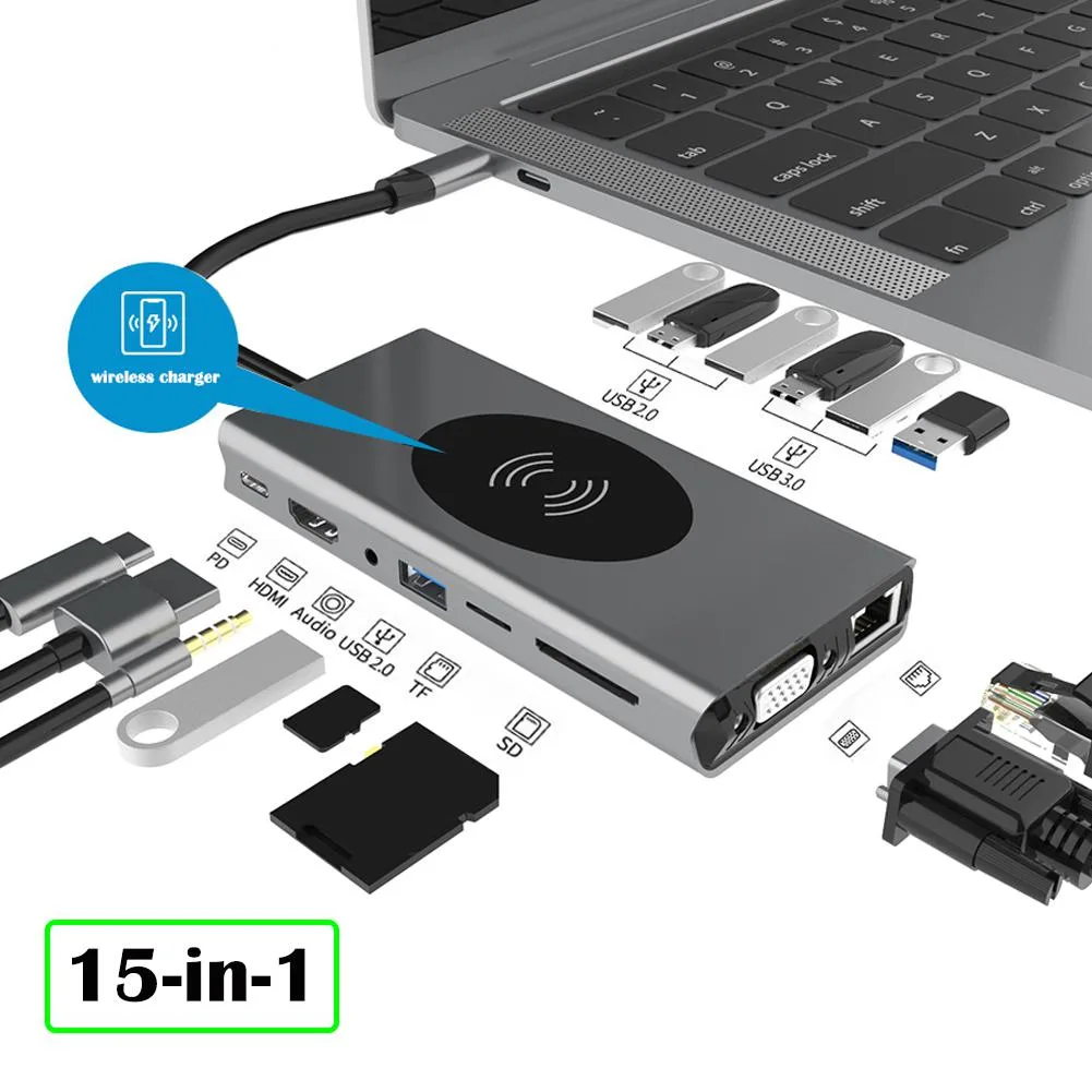 LUOM LUOM BXS15IN1 15-in-1 USB-C Multiport Adapter for MacBook Pro/Air with Wireless Charging Silver — product photo
