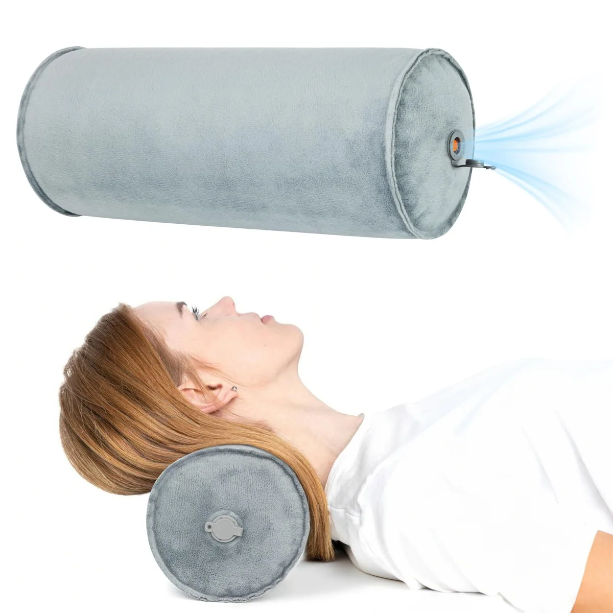 Grey cylindrical inflatable pillow, soft fabric finish