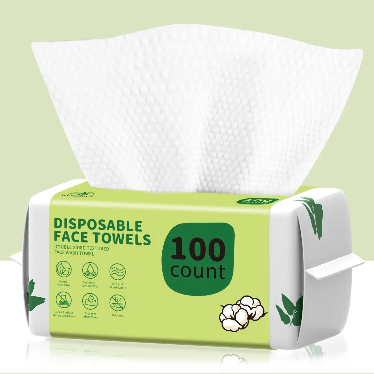 Rectangular white box containing 100 biodegradable plant-fibre face towels