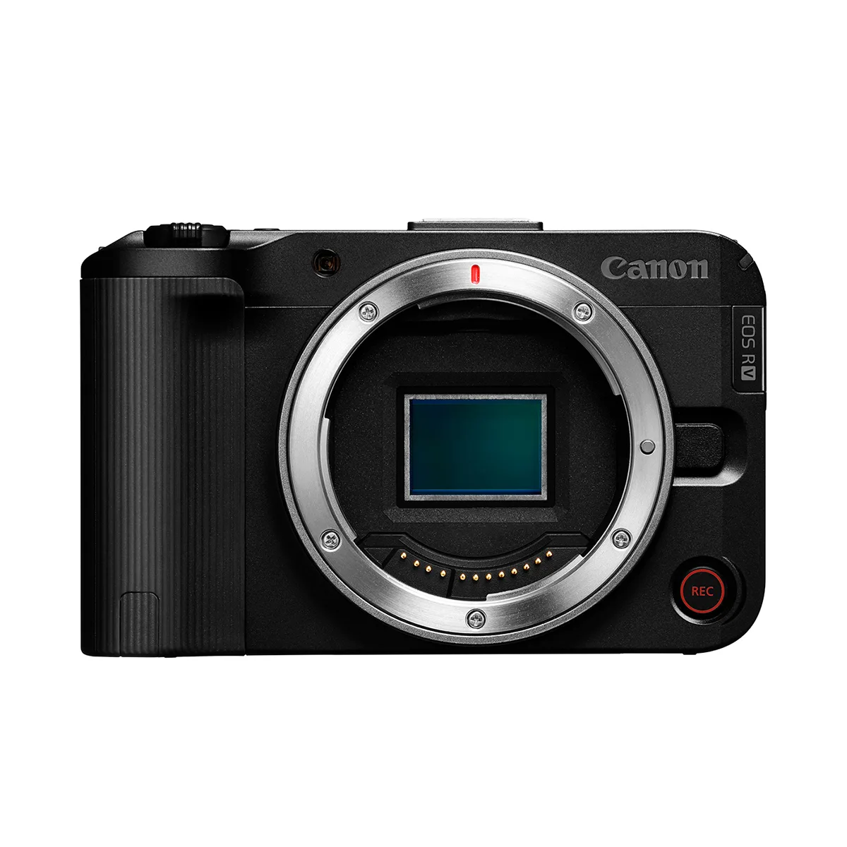 Black compact mirrorless camera body with vertical and horizontal tripod mounts
