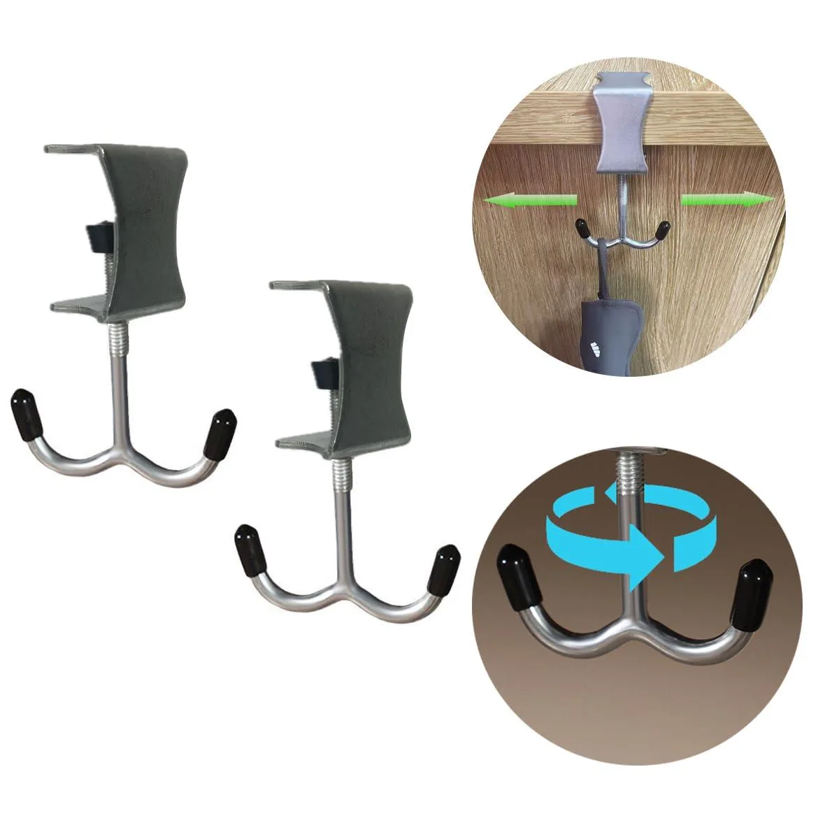 Two black desk hooks with rubber pads clamped under a table edge