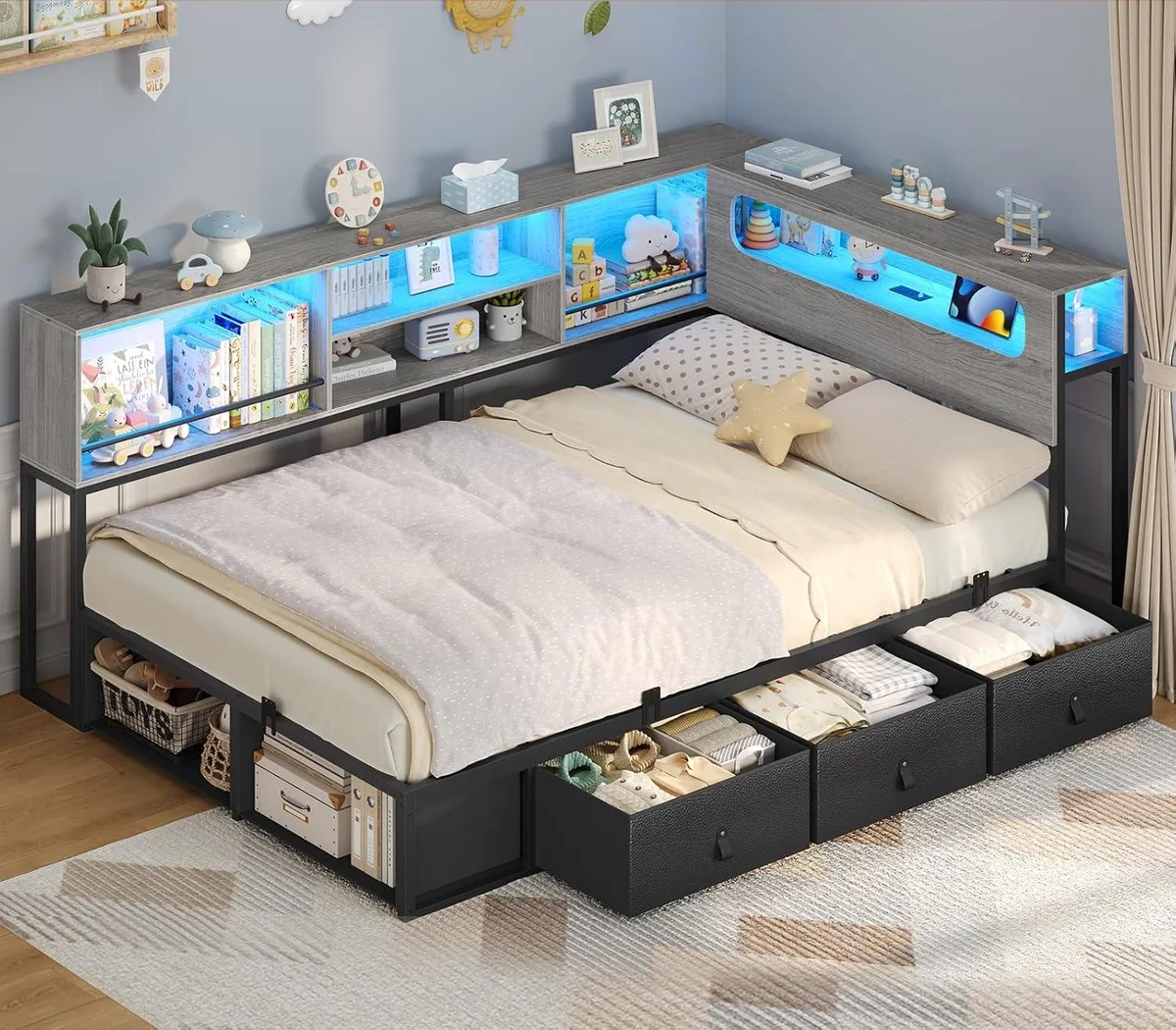 BFKK BFKK Twin Corner Bed Frame Grey with Bookcase Storage Charging Station RGB Lights 3 Drawers 2 Cubbies — product photo