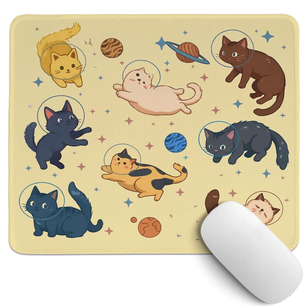 Yellow cat-in-space mouse pad, 10.2 by 8.2 inches, fabric surface with rubber base