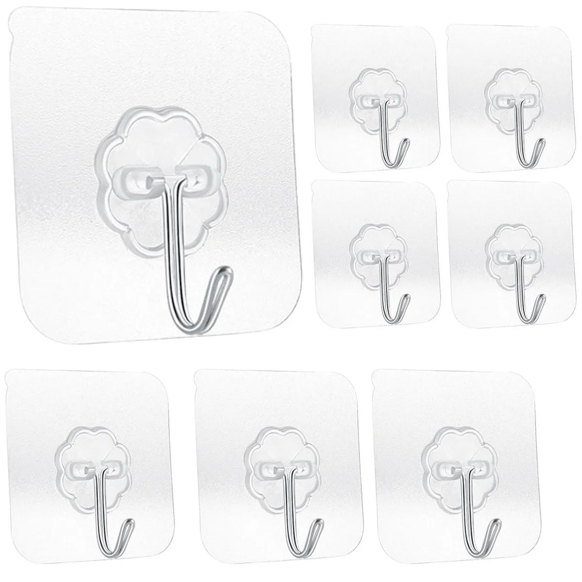 Eight transparent adhesive hooks with stainless steel cores, smooth curved shape, nearly invisible on walls