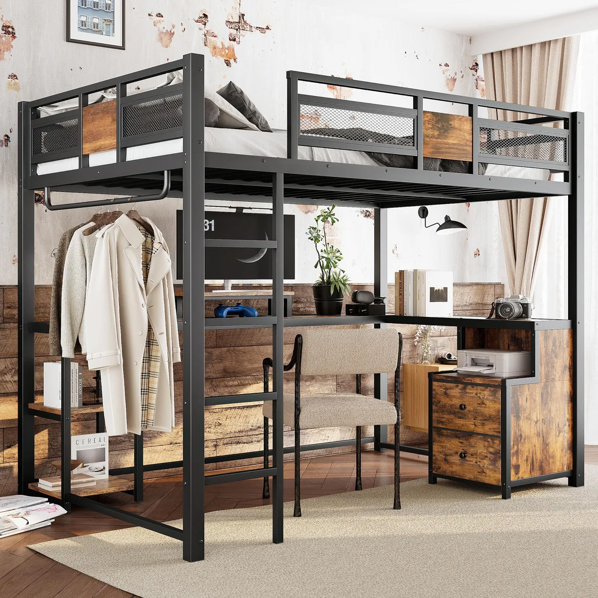 Black metal loft bed with built-in desk and fabric drawers