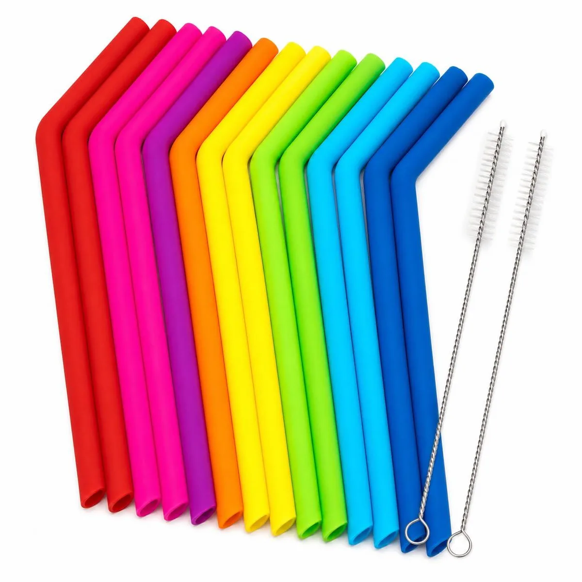 Fifteen colourful silicone straws and two cleaning brushes in a rectangular box