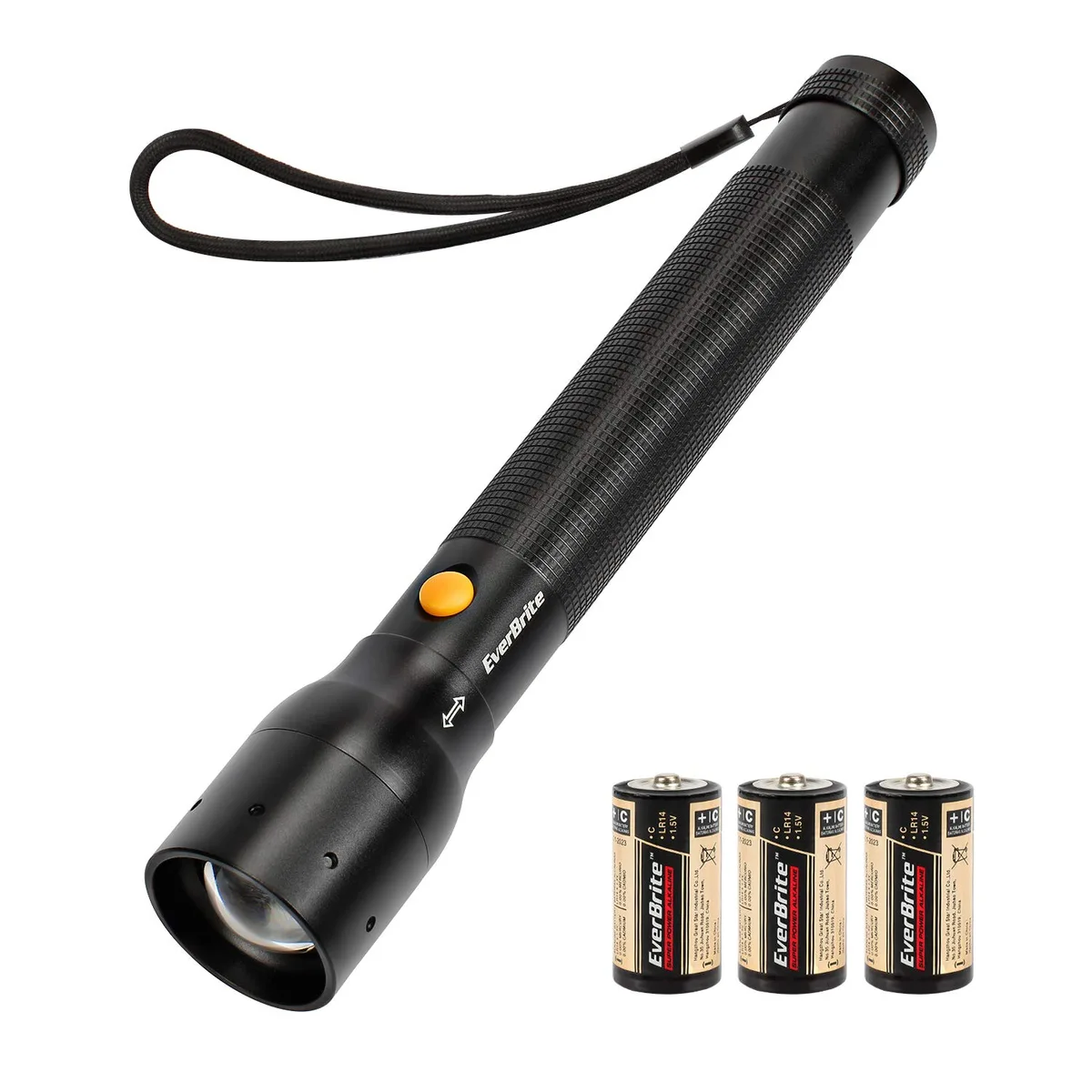 Black cylindrical aluminium flashlight with zoomable head and lanyard