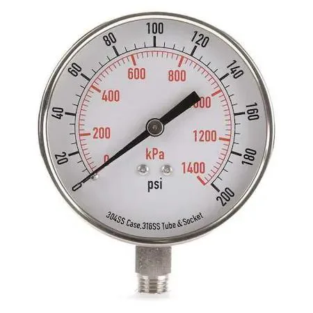 Stainless steel pressure gauge with 3-1/2 inch dial and bottom connection