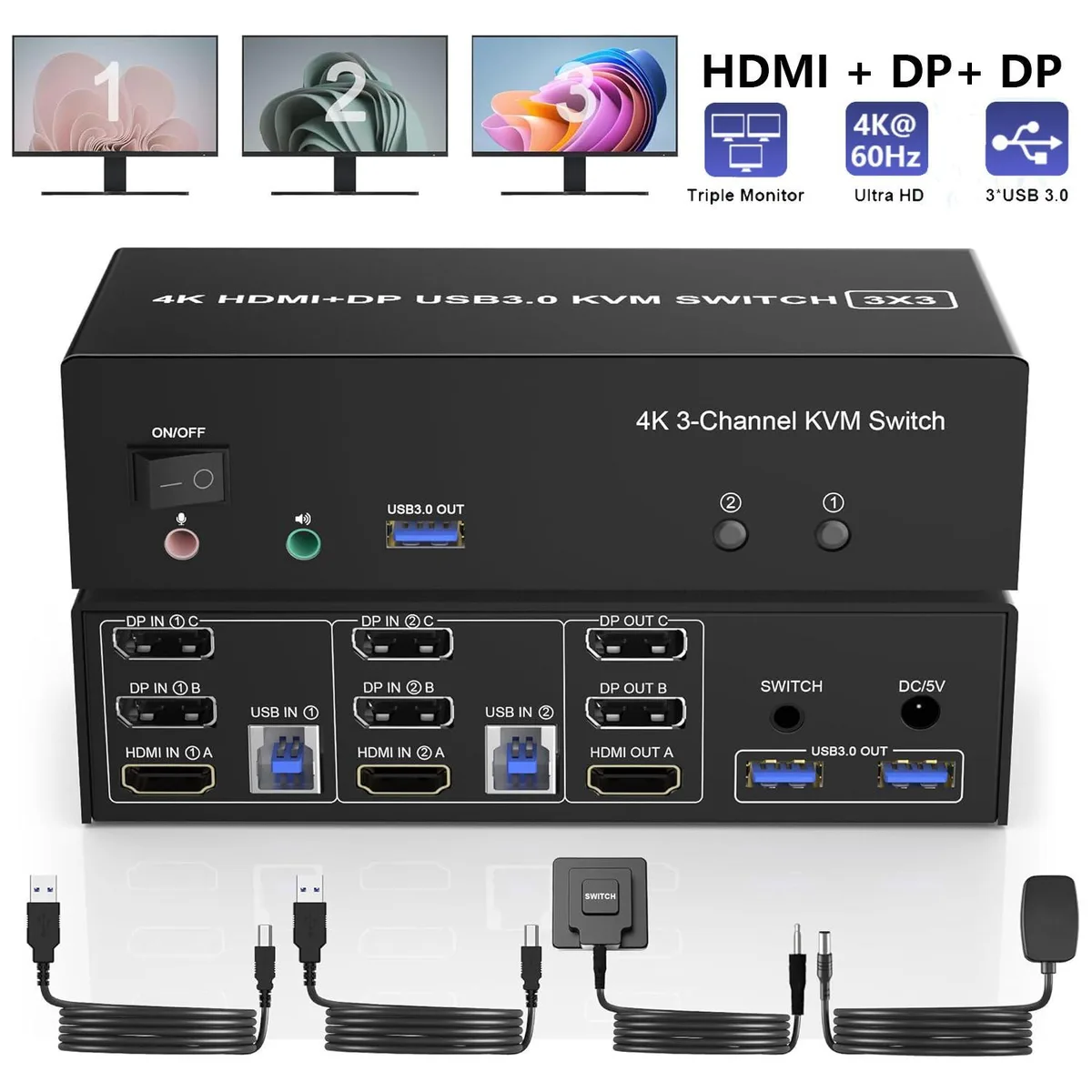 WRIARICH WRIARICH 203BKVM HDMI + 2 DisplayPort KVM Switch 4K@60Hz — product photo