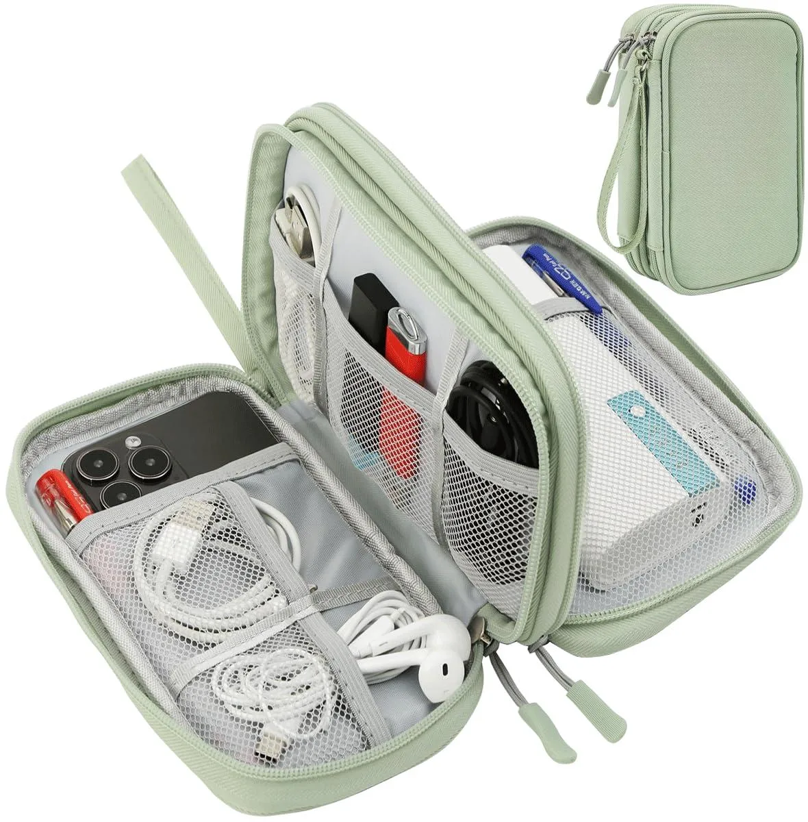 Mint green rectangular travel case with zipper and hand strap